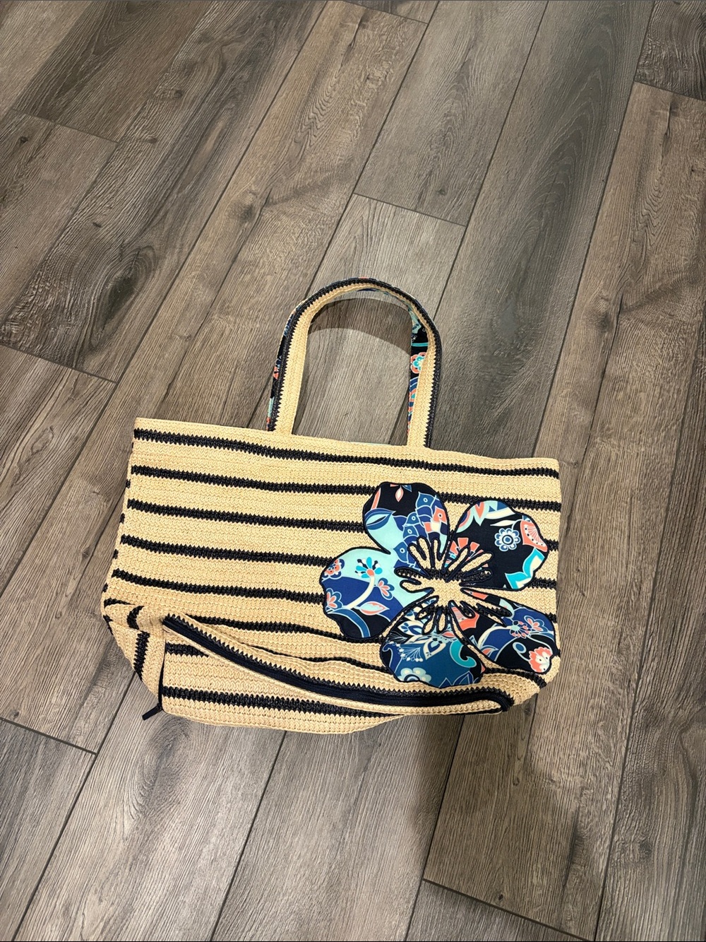 Vera Bradley Striped Straw Beach Tote Bag with Blue Floral Appliqués